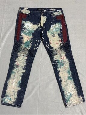 Diamond Stash Men Jeans Size 38 Blue Straight Leg Distressed Denim Paint Y2K